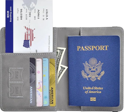 Passport Holder, Passport Cover with Credit Card Slot and Boarding Pass Slot Combo, Passport Wallet Case Book Travel Must Have, RFID Blocking Leather Travel Accessories, Grey