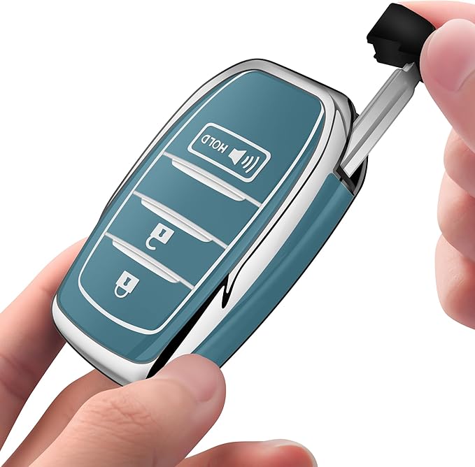 Sindeda for Toyota Key Fob Cover with Metal Keychain & Leather Strap for 2025-2026 Camry 4 Runner 2019-2026 Venza, Land Cruiser,2023-2026 Tacoma Grand Highlander,Corolla,bZ4X,3-Buttons(Storm Blue)