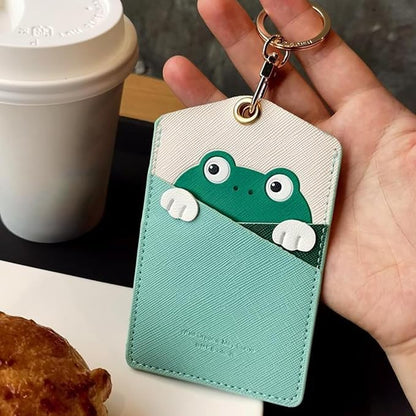 PU Leather ID Badge Holder with Keychain - Cartoon Animal Cute ID Badge Holder, 3 Card Slots for Professionals, Students, Nurse Officer, School Women Girls Boys (Green)