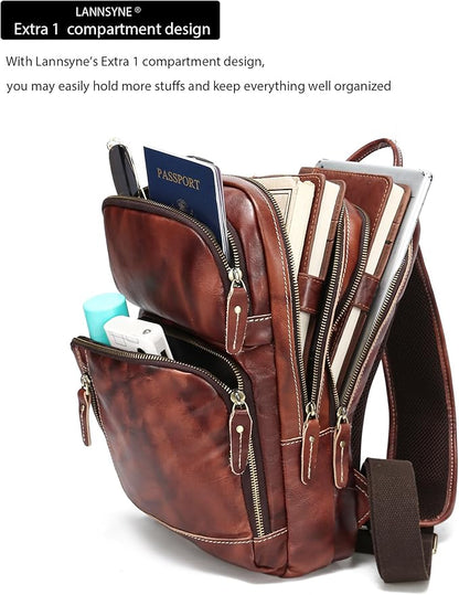LANNSYNE Full Grain Leather Sling Bag For Men, Crossbody Bag fits 12.9" iPad Crossbody Chest Daypack