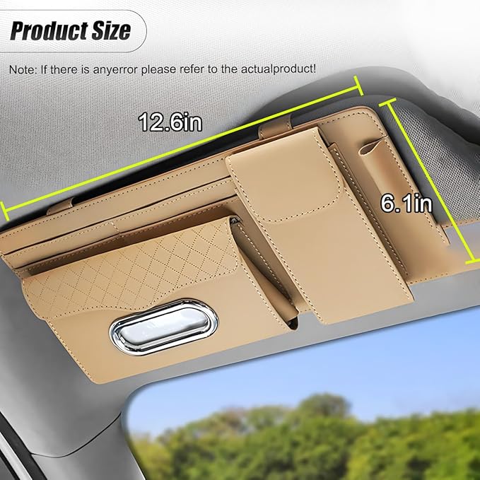 ZIMISI Leather Car Visor Organizer, Sun Visor Storage Bag, Car Tissue Holder, Multi-Pocket Document Holder, Vehicle Travel Accessories for Pen, License, Cards, Sunglasses, Tissues (Khaki)