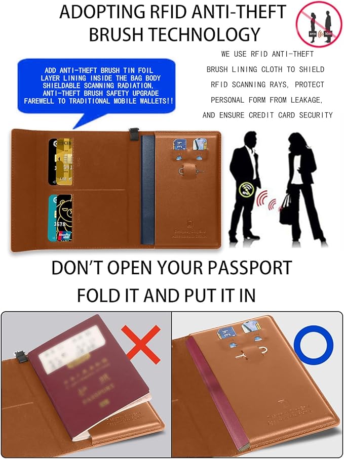 Passport Holder for Travel Essentials, RFID Blocking PU Leather Passport Wallet Cover Card holder Case Passport Book Holders for Women and Men, Brown