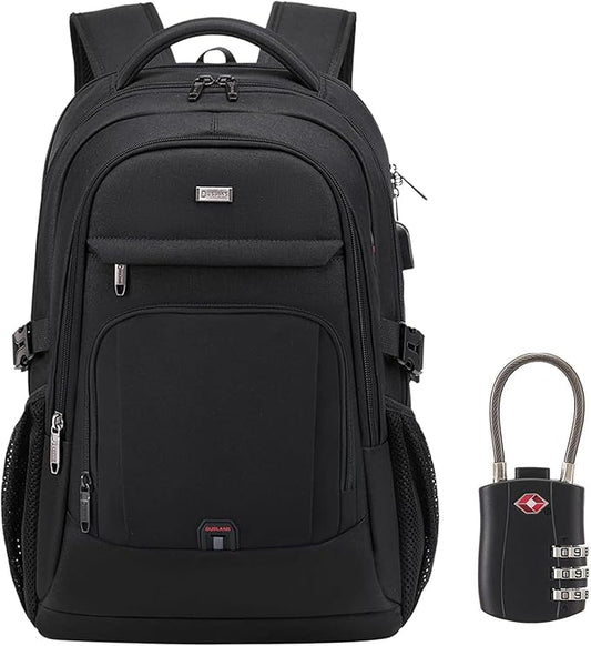 DUSLANG 17 Inch Laptop Backpack for Travel Water Resistant College Backpack for Men Women Laptop Bag with USB Charging Port black lock,Black