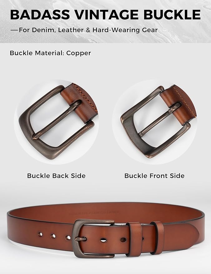 Mens Heavy Duty Full Grain Leather Belt - 1 1/2 Italian Genuine Leather with Sturdy Buckle for Jeans Casual Pants