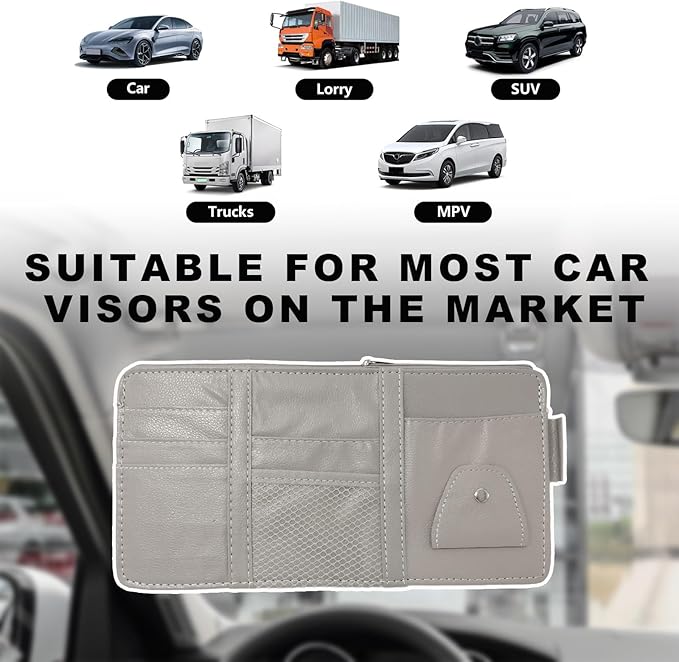 Ohleats Car Sun Visor Organizer, Multifunctional Visor Storage Holder for License Pen Key, Leather Card Cash Pouch with Multi-Pocket Net Zipper, Universal Interior Car Accessories (Gray)