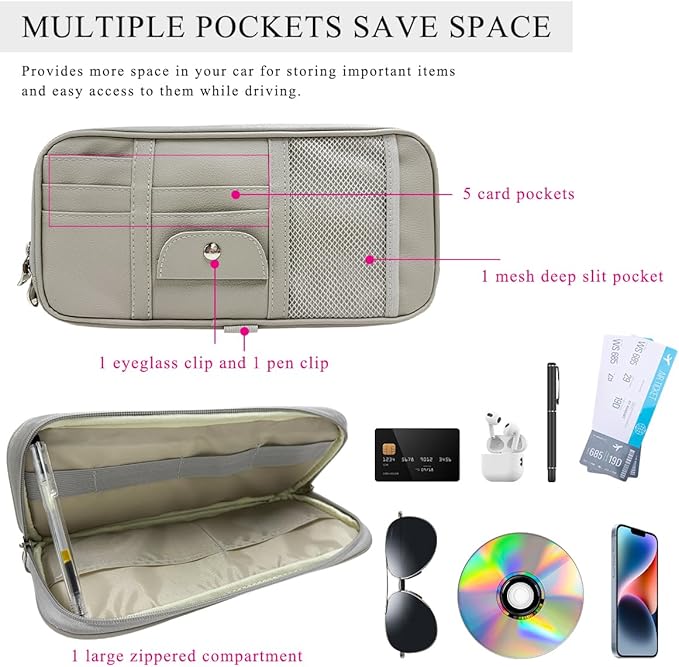 DXNQ Car Sun Visor Organizer, Double Zipper Leather Visor Storage Pouch with Multi-Pocket, Sunglass Holder Storage Pocket with Elastic Band for Cars SUVs Trucks, Car Accessories (Gray)