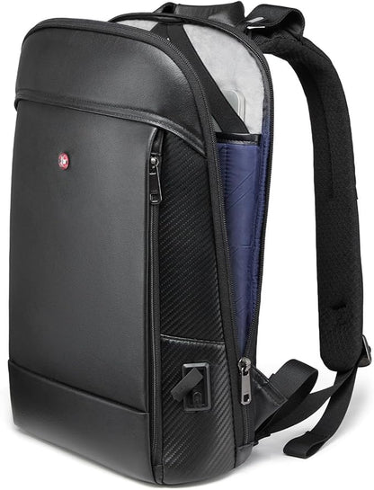 CROSSGEAR Full-Grain Genuine Leather Laptop Backpack, Slim Lightweight Backpack for Men, Charging Port, Fits 15.6” Laptop, Water Resistant, Business Computer Backpack for Work Office Casual, Black