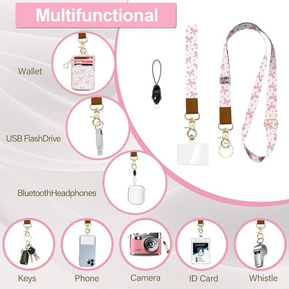 Cute ID Badge Holder with Lanyard,Slots Keychain Phone Wrist Strap,RFID Blocking,Pink Bow Wallet Lanyard Card Holder Multiple Zip Id Case Wallet for Office School Business Security Staff