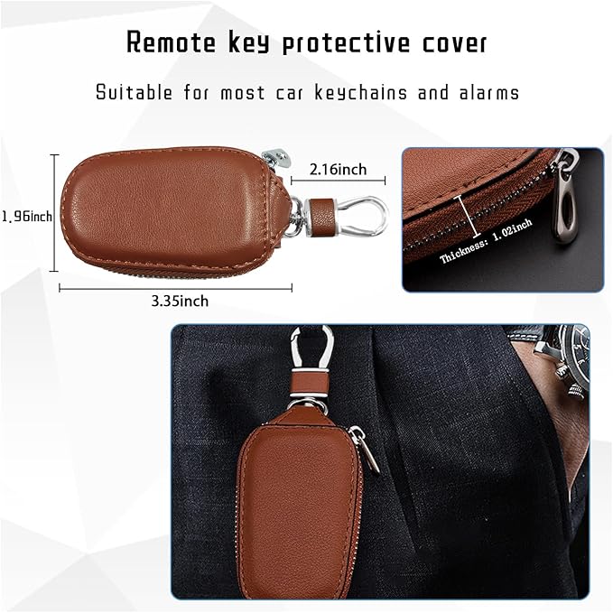 Car Key Case, Genuine Leather Auto Key Fob Cover Case, Key Fob Protector with Metal Hook, Car Smart Keychain Holder (Brown)