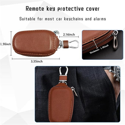 Car Key Case, Genuine Leather Auto Key Fob Cover Case, Key Fob Protector with Metal Hook, Car Smart Keychain Holder (Brown)