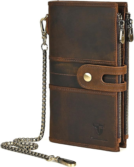 Genuine Crazy Horse Leather Travel Gift Coin Pocket Card Case Long Organizer Chain Rfid Wallet Purse With Snap For Men Male 1803 1815 (1815 Brown)