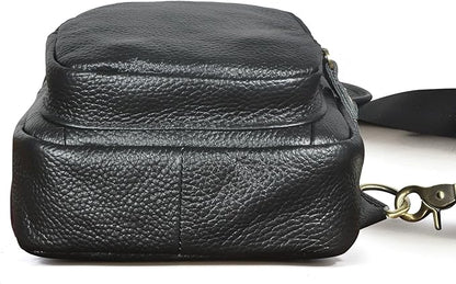 Water Resistant Canvas + Leather Hiking Travel DayPack Sling Crossbody Triangle Chest Pack Bag For Men Women FB8013 (100% Genuine Leather-8015-C-Black)