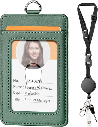 Leather Badge Holder and Adjustable Retractable Lanyards, Quick Release Buckle and Safety Breakaway Lanyards with Swivel Metal Clasp for Offices, Staff, Students, Employees