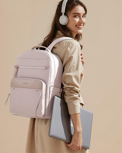 LOVEVOOK Laptop Backpack for Women with Leather Trim & Tumbler Pockets, 15.6" Work Backpack Purse, Travel Personal Item Bag, Carry On Business Computer Bag for Office, School, or Gift, Soft Milk