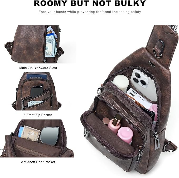 Leresas 7L Crossboydy Sling Bag for Women Vegan Leather Crossbody Purse Fanny Pack Chest Bag for Travel,Coffee