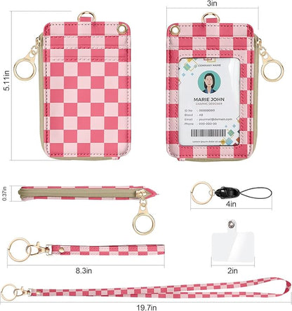 bolimoss Checkered Lanyard Wallet with Id Badge Holder RFID Wristlet Keychain Wallet for Women Zip Card Holder with ID Window, Side Zipper Coin Purse, Detachable Wrist Neck Strap