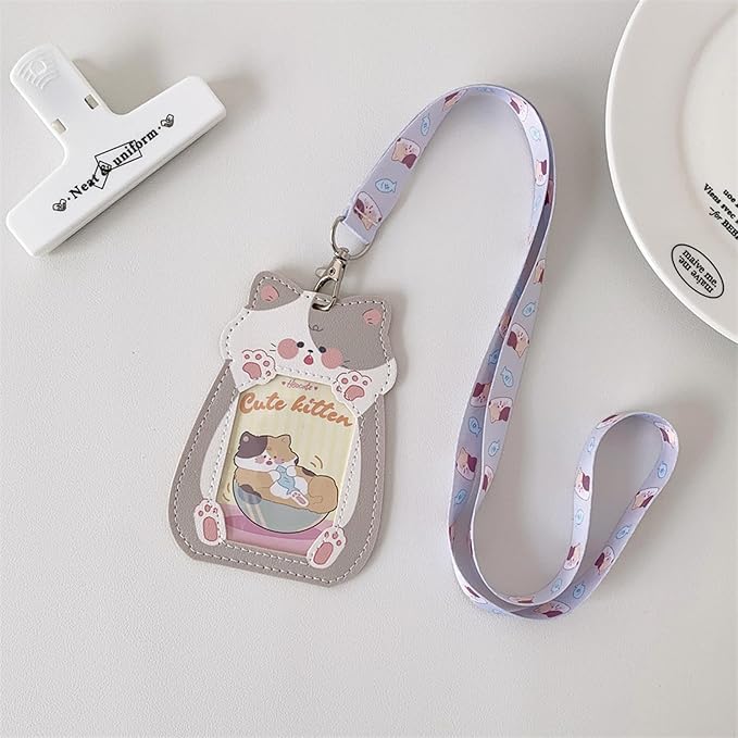 Cute Cat Badge Holder Lanyard Cartoon Kitten ID Card Holder Kawaii ID Badge Keys Lanyard Strap Neck Lanyard PU Leather Badge Holder for Women Girls Boys (Cat-2)