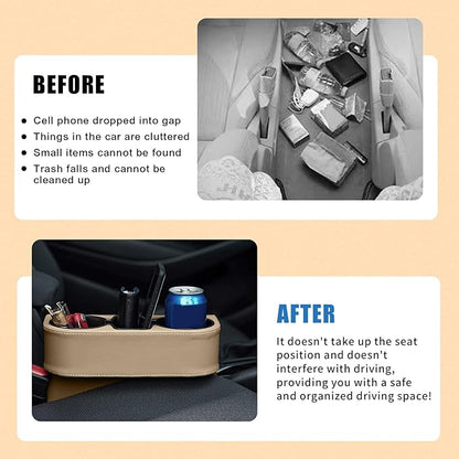 Car Cup Holder, PU Leather Auto Front Seat Organizer, Multifunctional Cup Drink Holders, Gap Filler Storage Box Coin Bucket Console Side Pocket Cell Mobile Phone Holder (Beige)