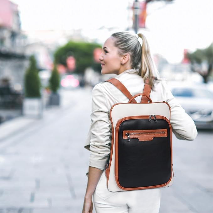 Leather Laptop Backpack, Women and Men Backpack Travel Business Work College Water Resistant Anti Theft Daypack Large fits for 15.6 inch Notebook Computer bag, Black+ Off White…