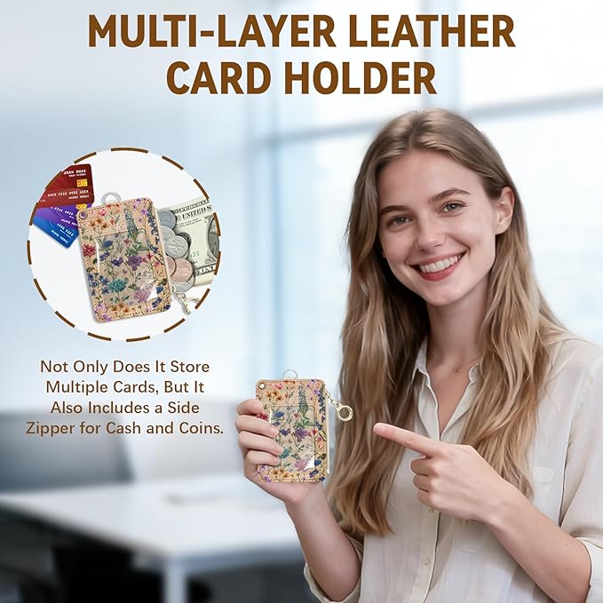 Flower Leather Badge Holder with Zipper Pocket, Work Lanyards and 1 Zip Pocket and 4 Card Slots, Kraft Paper Breakaway Lanyards with Metal Clasp for Boys, Adult, Teachers
