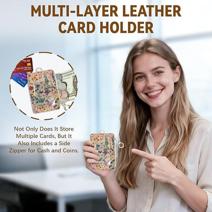 Flower Leather Badge Holder with Zipper Pocket, Work Lanyards and 1 Zip Pocket and 4 Card Slots, Kraft Paper Breakaway Lanyards with Metal Clasp for Boys, Adult, Teachers