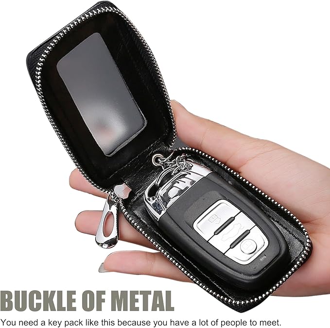 Leather Car Key Fob Case, 2.2" x 3.5" Car Key Fob Protective Cover with Zipper and Metal Hook, Double Layer Smart Remote Key Fob Case Holder, Universal Keychain Bag for Most Cars (Black)