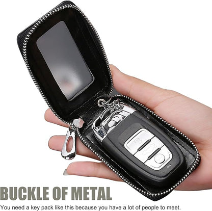 Leather Car Key Fob Case, 2.2" x 3.5" Car Key Fob Protective Cover with Zipper and Metal Hook, Double Layer Smart Remote Key Fob Case Holder, Universal Keychain Bag for Most Cars (Black)
