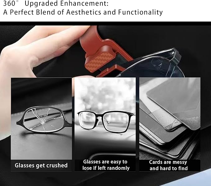Car Visor Organizer, ABS Sunglasses Holder Clip with Document & Card Pockets, Multi-Pocket Sun Visor Storage for Truck SUV Van (Brown)
