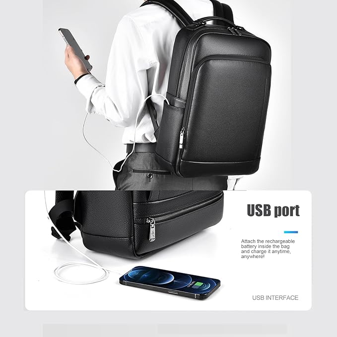 CHAO RAN Leather Laptop Backpack for Men Fit 15.6 Inch Laptop, Business Work Office College Medium Backpack with USB Charging Port, Waterproof Black Travel Bag (Black19)