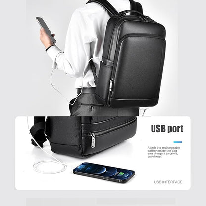 CHAO RAN Leather Laptop Backpack for Men Fit 15.6 Inch Laptop, Business Work Office College Medium Backpack with USB Charging Port, Waterproof Black Travel Bag (Black19)