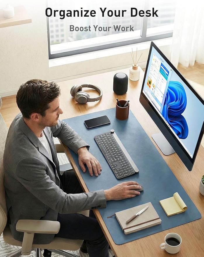 Aothia Faux Leather Desk Mat - Non-Slip PU Leather Desk Blotter, Waterproof Writing Surface, Large Desk Pad for Office & Home (Denim Blue, 55" x 24")