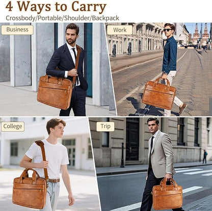 Faux Leather Messenger Bag for Men 17.3 Inch: Laptop Bag Briefcase Computer Handbags Shoulder Crossbody Bag with Padded Laptop Sleeve for Work College Travel, PU Brown