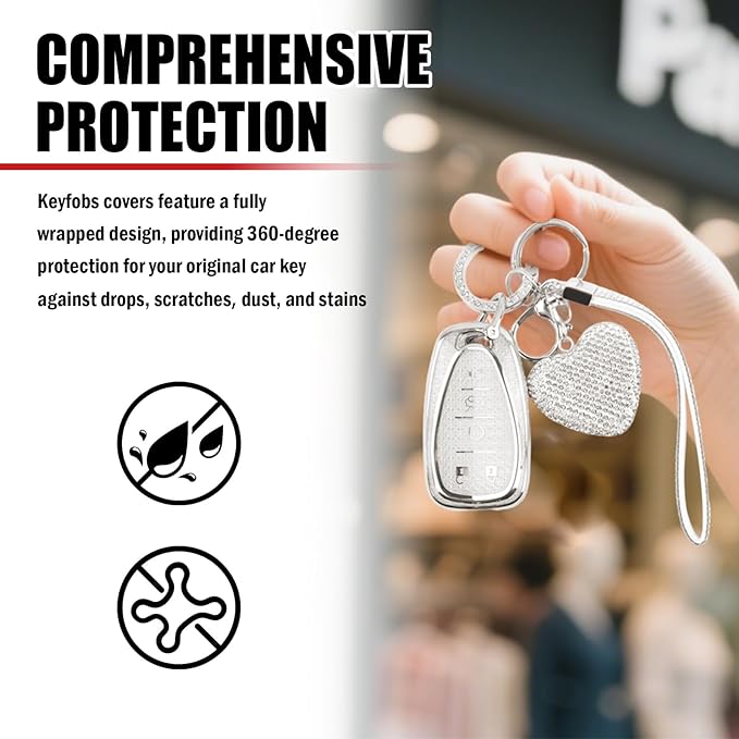 Compatible with Chevy Equinox Key Fob Covers,Stylish Car Key Cover with Bling Heart Keychain,5-Button Keys Fob Protector（White）