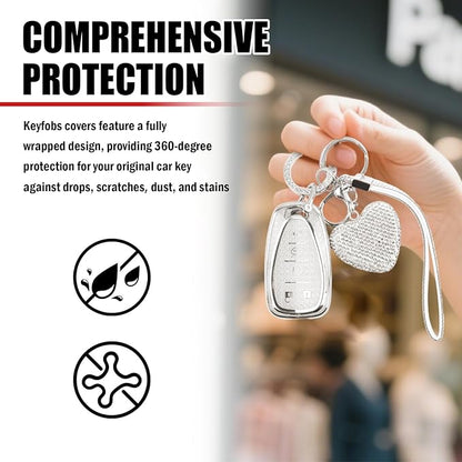 Compatible with Chevy Equinox Key Fob Covers,Stylish Car Key Cover with Bling Heart Keychain,5-Button Keys Fob Protector（White）