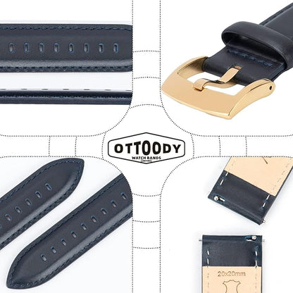 OTTOODY Leather Watch Bands Quick Release, Elegant Top Grain Leather Watch Straps for Men & Women, Choice of Color & Width - 18mm, 19mm, 20mm, 21mm or 22mm Wristbands Bracelet for Watch & Smartwatch