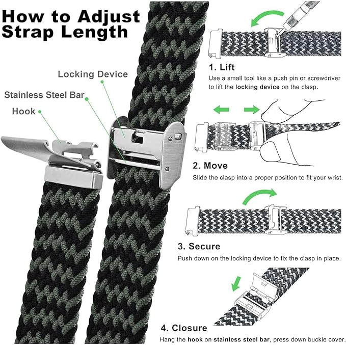 WOCCI 21mm Braided Nylon Watch Band for Men and Women, Quick Release, Silver Stainless Steel Buckle (Green Black)