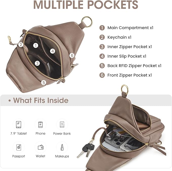 Kattee Small Sling Bag for Women, Leather Fanny Packs Crossbody Purse, Chest Bag for Travel with RFID Blocking, Khaki