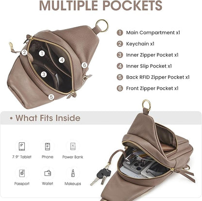 Kattee Small Sling Bag for Women, Leather Fanny Packs Crossbody Purse, Chest Bag for Travel with RFID Blocking, Khaki