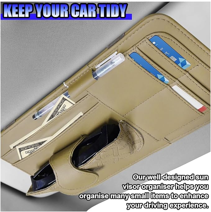 Car Sun Visor Organizer, Vehicle Sunglasses Holder, Automotive Storage Pocket for Pen, Glasses, Ticket, Card, Auto Interior Accessories Pocket for Car, SUV, Truck (Khaki)
