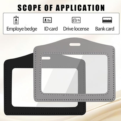 2Pcs Double-Sided Leather ID Badge Holder Waterproof Horizontal Clear Card Holder Name Badge Holders with Clear ID Window for Office Staff Employees Students Black Grey