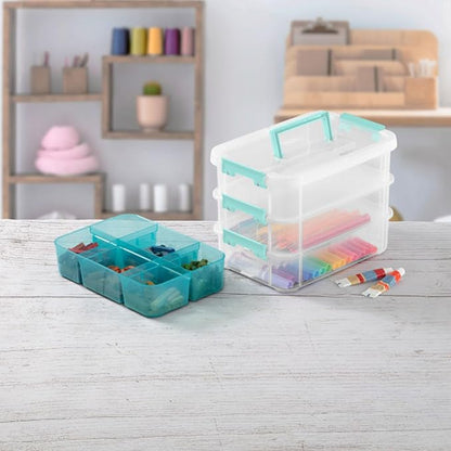 Sterilite 12 Pack Plastic Storage Box Container, 3 Layer, Stack and Carry, Clear/Blue