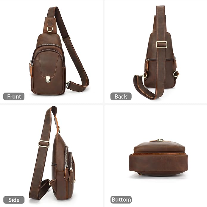NIUCUNZH Genuine Leather Sling Bag Front Metal-Latch Crossbody Bags Handmade Vintage Chest Shoulder Backpack for Women Men