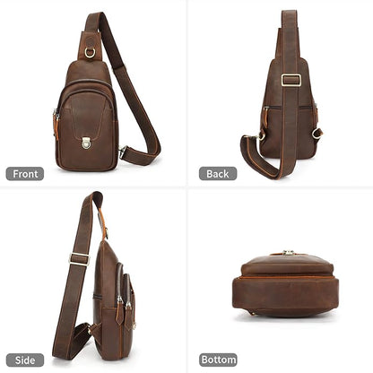 NIUCUNZH Genuine Leather Sling Bag Front Metal-Latch Crossbody Bags Handmade Vintage Chest Shoulder Backpack for Women Men