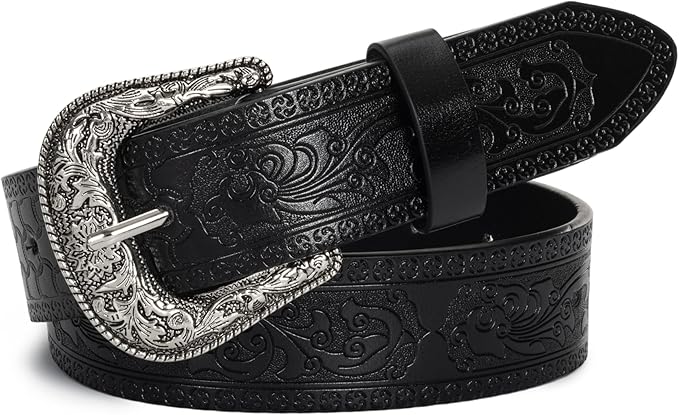 Mealah Vintage Western-Cowboy-Belt for Women Men - Carved Buckle PU Leather Waist Belts (for Waist 28"-38")