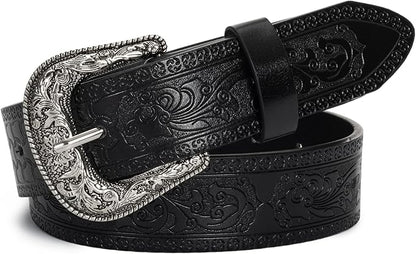 Mealah Vintage Western-Cowboy-Belt for Women Men - Carved Buckle PU Leather Waist Belts (for Waist 28"-38")