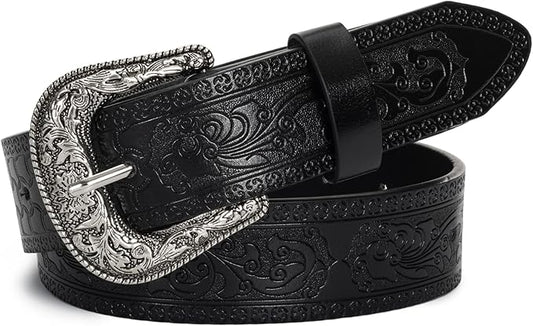 Mealah Vintage Western-Cowboy-Belt for Women Men - Carved Buckle PU Leather Waist Belts (for Waist 28"-38")