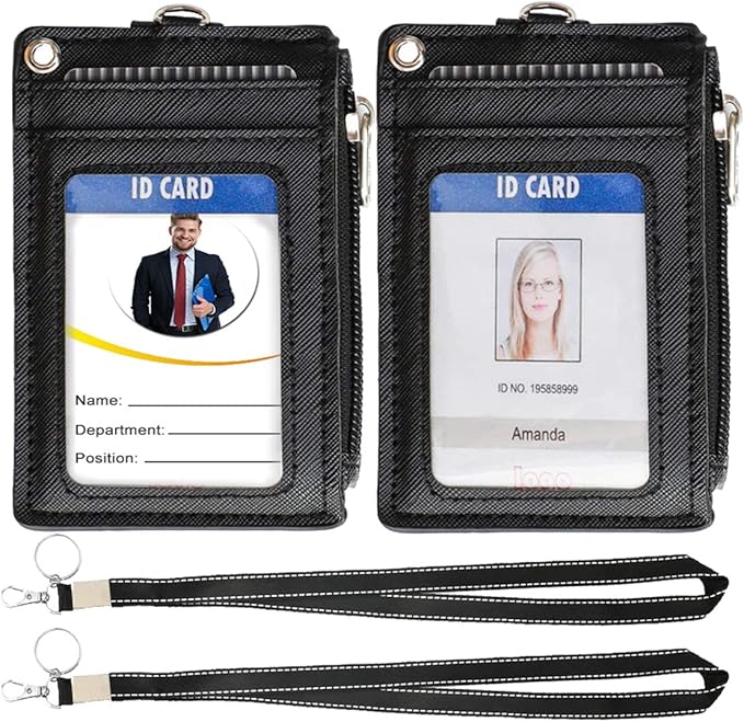 HASFINE 2 Pack ID Badge Holder with Lanyard,2 Sided 5 Card Slots ID Card Holder Wallet with PU Leather Zipper Pocket and Detachable Keychain Lanyard for Teens Men Women(Black)