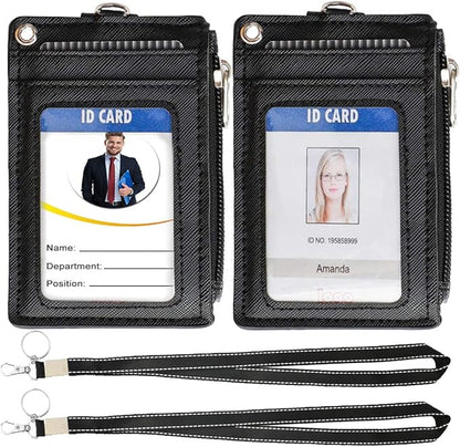 HASFINE 2 Pack ID Badge Holder with Lanyard,2 Sided 5 Card Slots ID Card Holder Wallet with PU Leather Zipper Pocket and Detachable Keychain Lanyard for Teens Men Women(Black)