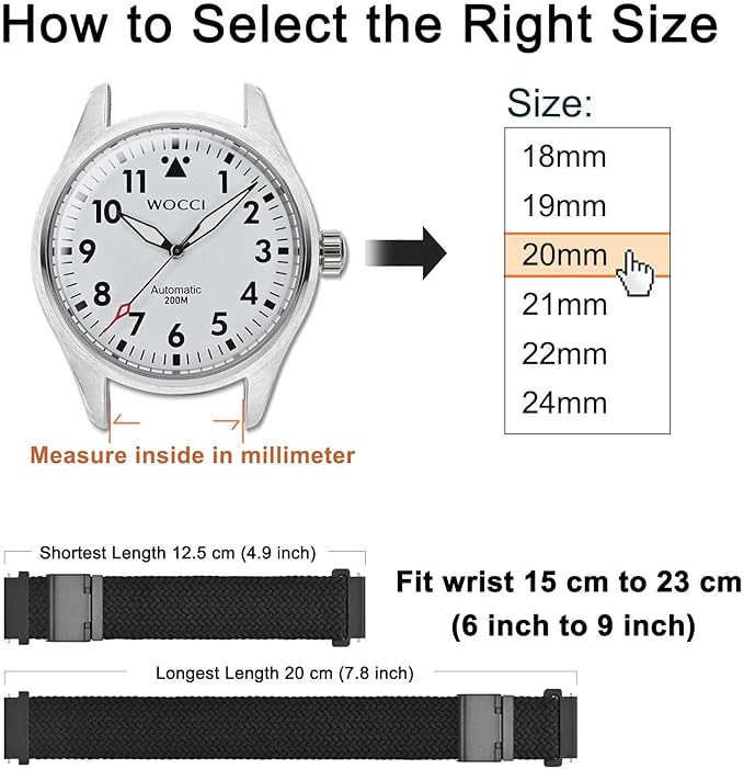 WOCCI 18mm Braided Nylon Watch Band for Men and Women, Quick Release, Black Stainless Steel Buckle (Black)