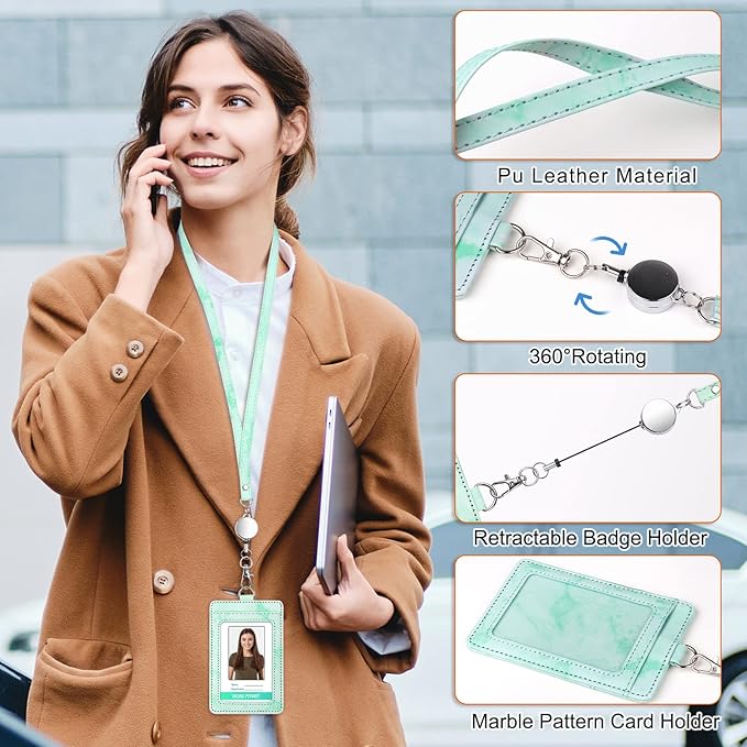 ID Badge Holder with Lanyard Marble Pattern Retractable Badge Holder PU Leather with Clear ID Window 1 Credit Card Case Name Badge Keychain Tags Protector for Women Nurse Teacher Office (Green)